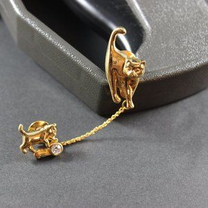 Avon Signed Cat Kitten Lapel Pin Vintage Chatelaine Rhinestone Brooch